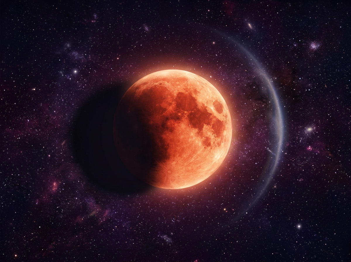 Lunar eclipse illustration showing Earth's shadow crossing a reddish glowing Moon