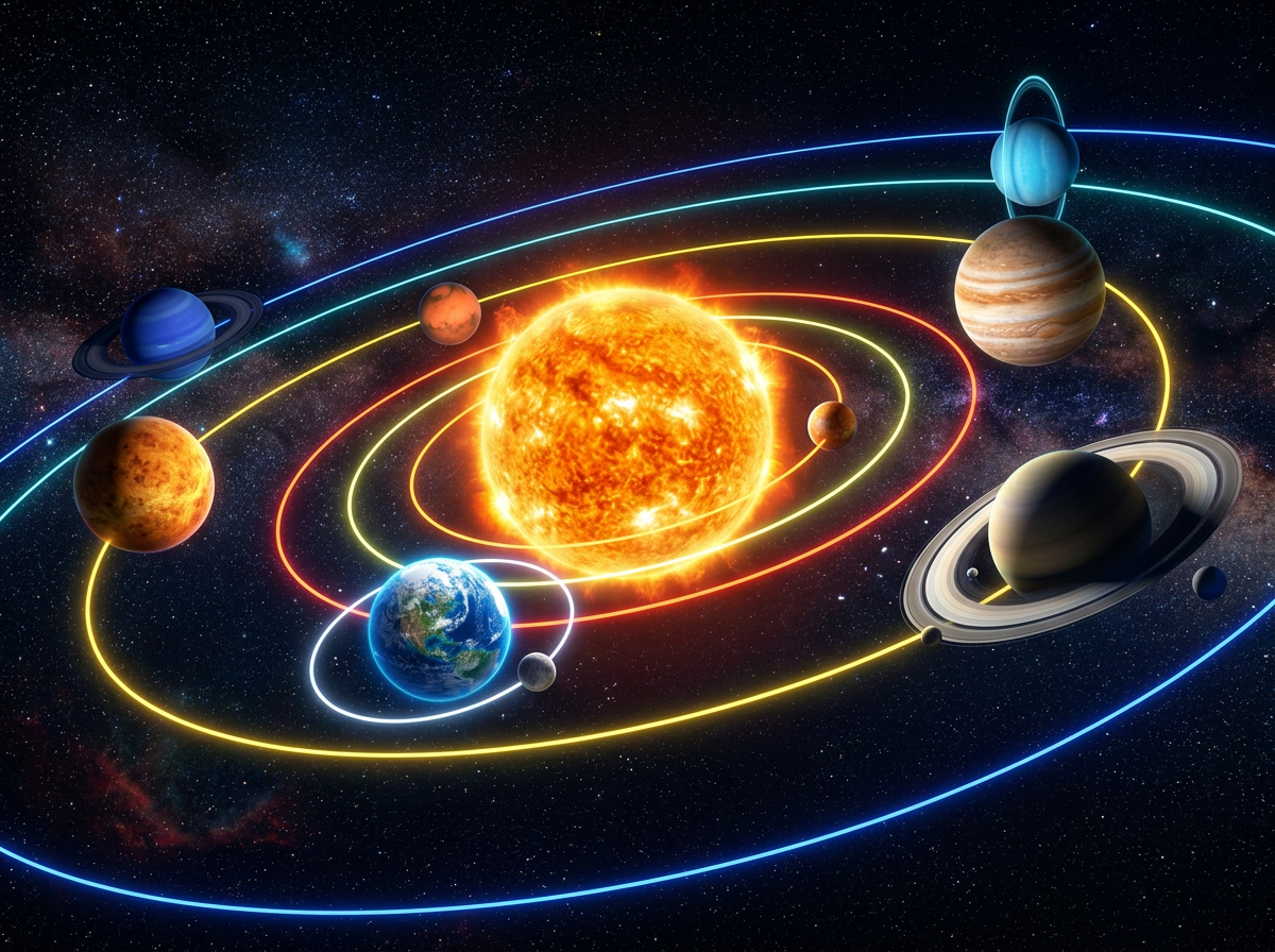 Animated 3D solar system with glowing Sun, orbiting Earth, Moon, and Saturn's rings